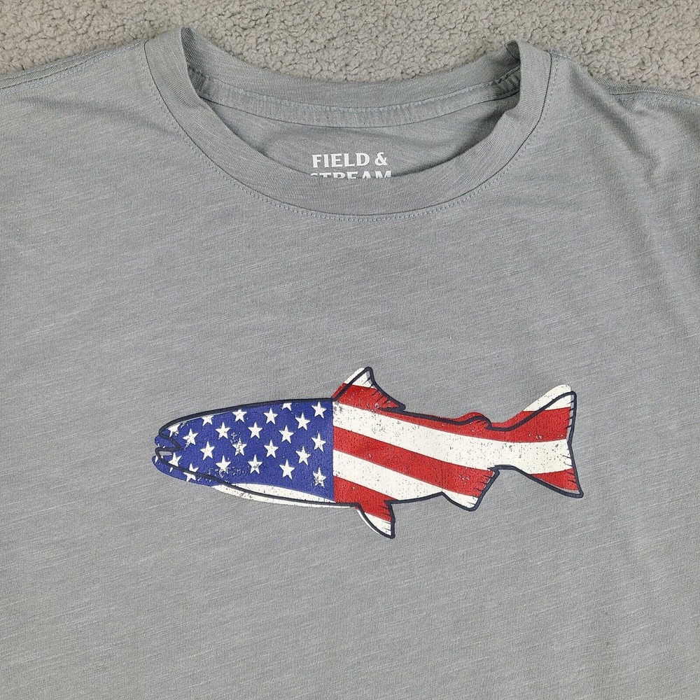 Field & Stream T-Shirt Men's Medium Gray Fish American‎ Flag USA Short Sleeve - Picture 2 of 12